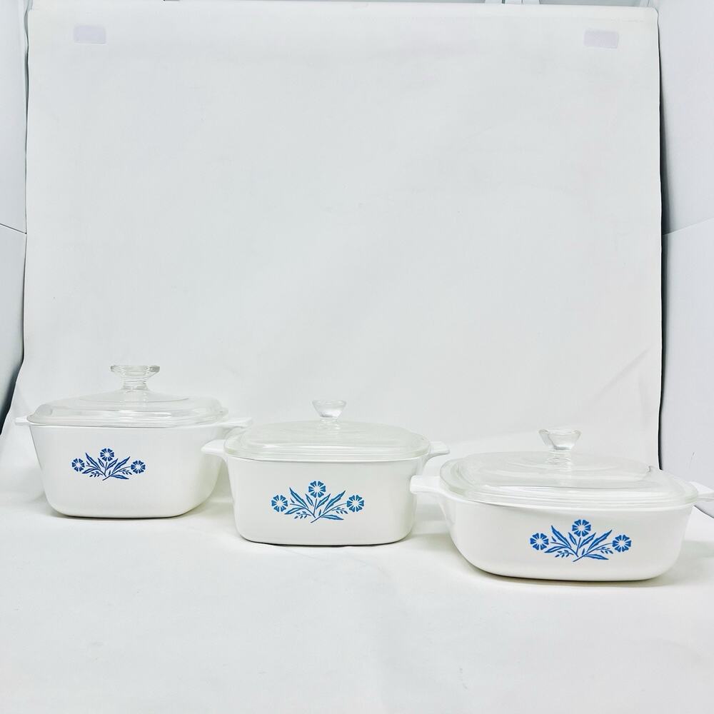 Vintage Corning Ware Casserole Baking Dishes x 3 Blue Cornflower (H4) 6 Pc USA